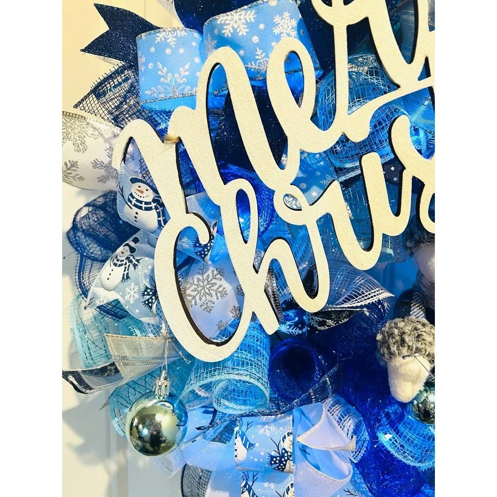 Blue Snowman Merry Christmas Ribbon Door Wreath Handmade 22 ins LED W23
